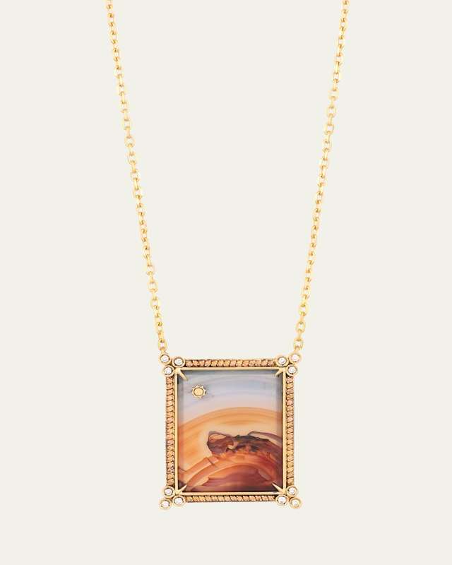 18K Yellow Gold Agate Landscape Necklace with Sun Detail, Diamonds and Orange Sapphires